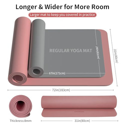 Extra Wide & Thick 8mm Yoga Mat, 72"x31.5" | Large Non Slip Exercise Mat, Premium POE Material, Superior Cushioning & Stability, With Strap for Home Gym, Pilates - color: Dull Pink