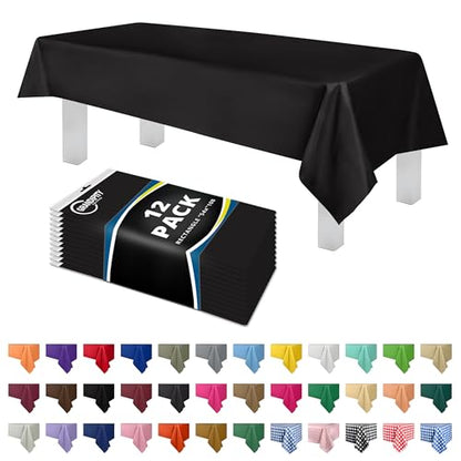 Grandipity Plastic Table Cloth Disposable 12 Pack 54” x 108” Rectangle | Black Plastic table covers, durable disposable tablecloths, fade and tear-resistent table cover for party, event - color: Black, size: 54in. x 108in. Rectangle