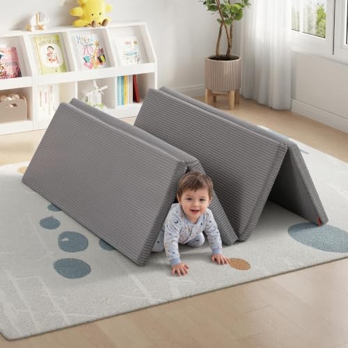 MeMoreCool Foldable Kids Floor Mattress, 6x4 FT Tatami Futon Mat, Grey | Thicken Foam Sleeping Crawling Pad for Children Play Area, Playroom Floor Play Mat - color: Corduroy Grey