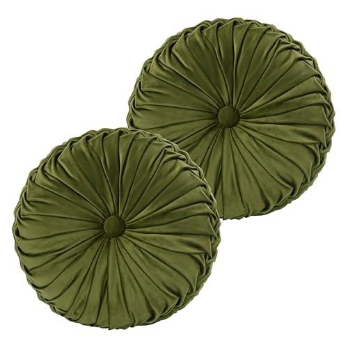 HIG Set of 2 Olive Velvet Decorative Round Pleated Throw Pillows - color: Olive