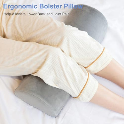 Knee Pillow for Back Sleeping, Memory Foam Bolster Pillow for Legs, Under Knee Pillow for Sleeping, Leg Pillow for Back & Hip Pain Relief, Half Moon Boslter,Grey