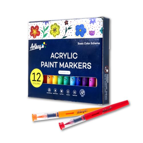 Artkey Acrylic Paint Markers 12 Colors, Direct-Liquid Acrylic Paint Pens with Automatic Ink Control, Flexible Brush Tip Acrylic Markers Set for Rock Painting, Wood, Canvas, Glass, Ceramic, DIY Crafts - color: 12 Colors