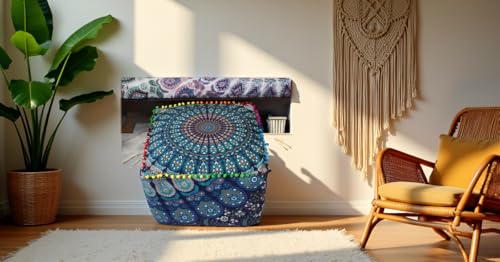 CRAFT KALA Indian Square Patchwork Traditional Pouf Cover Indian Living Room Pom Poufs Cover Decorative Designer Ottoman Home Living Footstool Chair Cover Ottoman Decor 20X20X14 inches, Blue Mirchi - color: Blue Mirchi, size: 20x20x14 inches