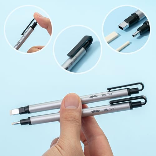 Mr. Pen- Pen Style Eraser Set, 2 Pack, Square & Round Tip | Precision Pencil Erasers, Retractable Silver Eraser Pens for Drawing, Sketching, Detail Correction, Office & School Supplies