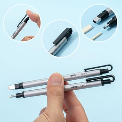 Mr. Pen- Pen Style Eraser Set, 2 Pack, Square & Round Tip | Precision Pencil Erasers, Retractable Silver Eraser Pens for Drawing, Sketching, Detail Correction, Office & School Supplies