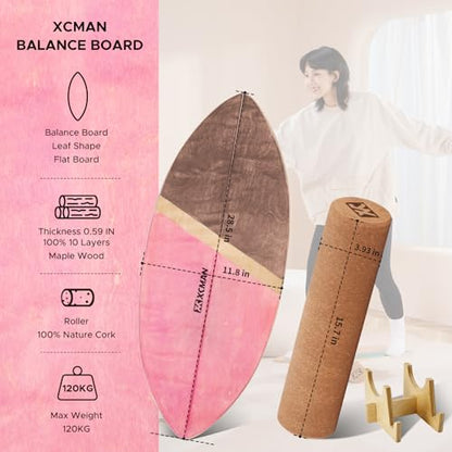 XCMAN Surf 밸런스 보드 트레이너 롤러 나무 운동 균형 안정성 트레이너 - 성인 아동용 미끄럼 방지 표면 | 서핑, 스노우보드, 스케이트보드, 하키, 요가 훈련을 위한 밸런스 보드 - color: 리프 핑크