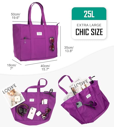 Bagelite Extra Large Canvas Tote for Women Men, Utility Work Bag with Zipper - color: Purple