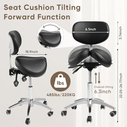 Ergonomic Saddle Stool with Backrest, 485 lbs Capacity Rolling Stool, 12 Tilt, Adjustable Height Split Seat Stool, 360 Swivel Rolling Chair for Office, Salon, Massage, Dental, Tattoo - color: Saddle Stool With Backrest