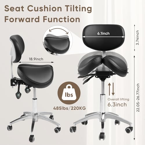 Ergonomic Saddle Stool with Backrest, 485 lbs Capacity Rolling Stool, 12 Tilt, Adjustable Height Split Seat Stool, 360 Swivel Rolling Chair for Office, Salon, Massage, Dental, Tattoo - color: Saddle Stool With Backrest