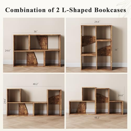 MapleGrace 6 Cube Storage Organizer, Wooden Storage Shelves Bookcase with Back Panels, Stackable Display Bookshelf for Living Room, Bedroom, Study, Hallway, Rustic Brown