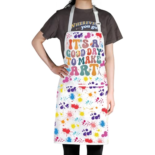 WZMPA Artist Painters Apron With Pockets - It's A Good Day to Make Art - Adjustable Apron for Teacher, Lover, Student Gift - color: Make Art F White