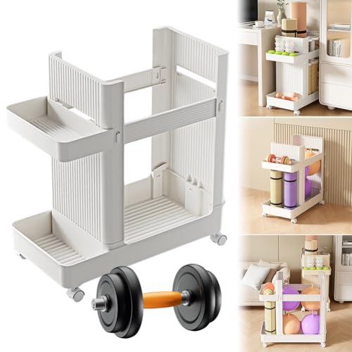 Yoga Mat Storage Basket Large Capacity Fitness Equipment Storage Rack with Wheels Sports Equipment Trolley Basket Fitness Equipment Sports Tools Organizer (White)