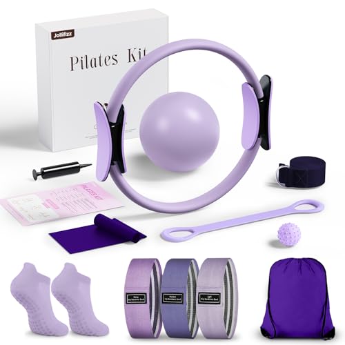 Pilates kit for Women Home Workout, Pilates Equipment Ring and Ball Set with 3 Fabric Resistance Bands, Massage Ball, Pilates Starter Kit for Strength, Toning, Including Workout Guide - color: Purple