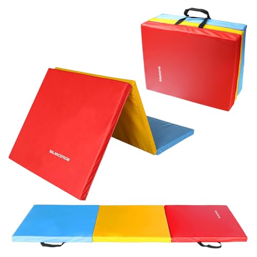 BalanceFrom 6x2 Feet 3-Panel Folding Gymnastics Mat – 2-Inch Thick Pad with Vinyl Surface and Carrying Handles for Tumbling, Yoga, Pilates, Home Workouts, and Martial Arts - color: Multi-Color