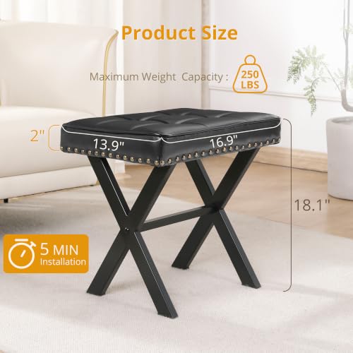LUE BONA Vanity Stool - Square Faux Leather Makeup Seat With Metal X Legs, Small Ottoman Chair for Makeup Room, Living Room - Modern Padded Foot Rest, Black - color: Black