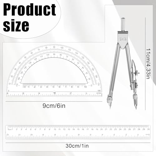 JJUNW Geometry Set, 3 Pcs Geometry Tools with Drawing Compass 12Inch Clear Plastic Ruler Protractor Math Ruler for School Office Math Drawing Drafting Engineering Architecture Art
