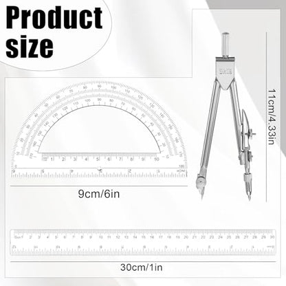 JJUNW Geometry Set, 3 Pcs Geometry Tools with Drawing Compass 12Inch Clear Plastic Ruler Protractor Math Ruler for School Office Math Drawing Drafting Engineering Architecture Art