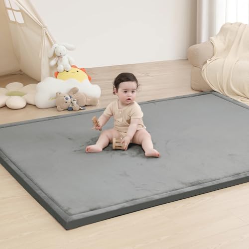 Huloo Sleep Ultra Soft Baby Play Mat for Floor,71×59 Playpen Mat(Dark Grey) | 1.3" Thick Foam Tummy Time Mat,Water Repellent Velvet Nursery Rug for Toddlers,Infants,kids,Tatami Style,Non Slip - color: Dark Grey, size: 59"×71"×1.3"