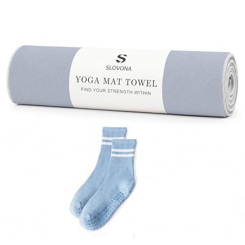 Upgraded Yoga Mat Towel with Bonus Grip Socks, Elegant Embroidered - color: Lavender Gray