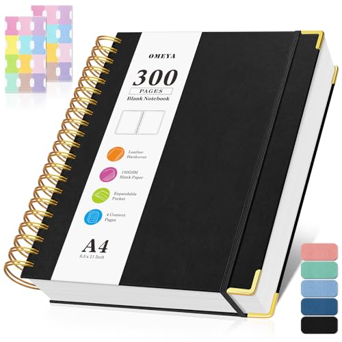 Blank Spiral Notebook: Sketch Book 8.5" X 11", Hardcover Leather Sketchbook | 300 Pages Unlined Notebooks for Women Men,100gsm Thick Paper Journal, A4 Large Art Sketchbook for Drawing Writing Work,Black - color: Black, size: A4