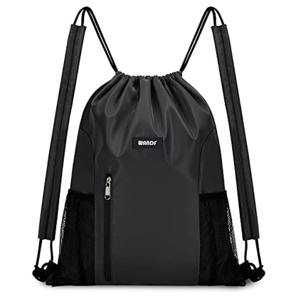 WANDF Drawstring Backpack, Gym String Bag with Shoulder Pad - color: M, Black, size: Medium