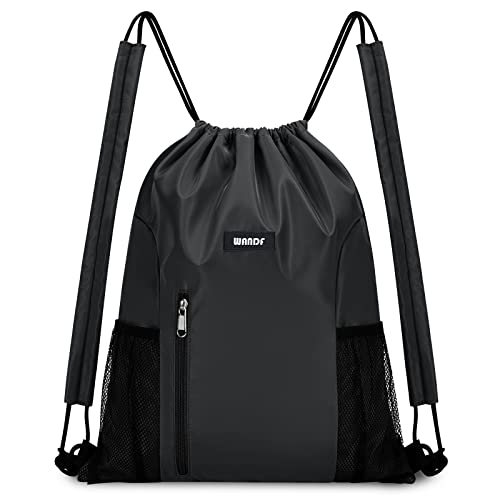 WANDF Drawstring Backpack, Gym String Bag with Shoulder Pad - color: M, Black, size: Medium