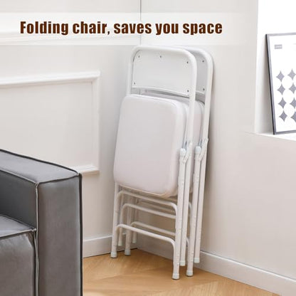 Padded Folding Chair Indoor Metal Frame Foldable Chair White | Comfortable Thick Vinyl Cushion Seat Durable Elegant Upholstered Single Chair for Small Space Home, Office and Events - color: White