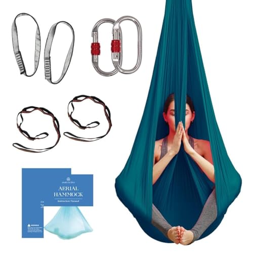 Aerial Yoga Hammock Swing, 4.5 Yards, Aerial Silks with Hardware | Knitted fabric with extension straps and a pose guide for aerial yoga, home gym and studio practice, suitable for all levels - color: Teal, size: 4.5 yards