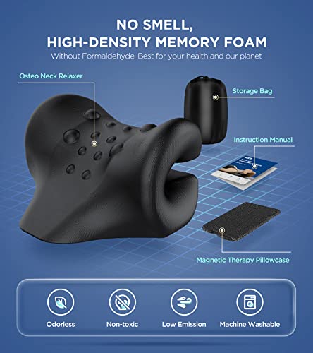 Osteo Neck Stretcher with Magnetic Therapy Cover, 2 Modes[Gentle/Strong] Pain Relief Cervical Traction Device, No Smell Neck and Shoulder Relaxer, Chiropractic Pillow for TMJ Headache Spine Alignment - color: Black