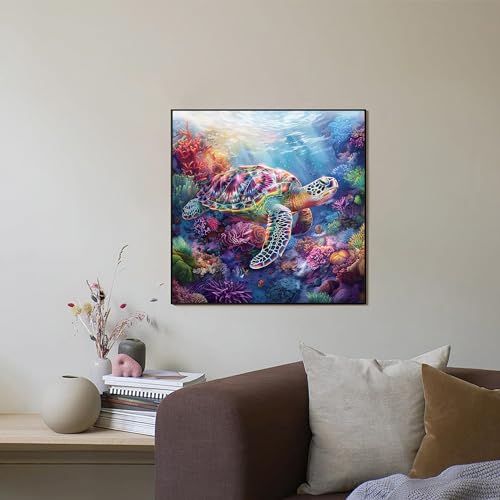 Sea Turtle Ocean 5D Diamond Art Kit, Full Drill 14x14 Inch for Adults Gift | 5D full drill diamond art kit. Sea turtle ocean wildlife nature design. Ideal adults beginners, ocean lovers, home decor gift - color: Sea Turtle