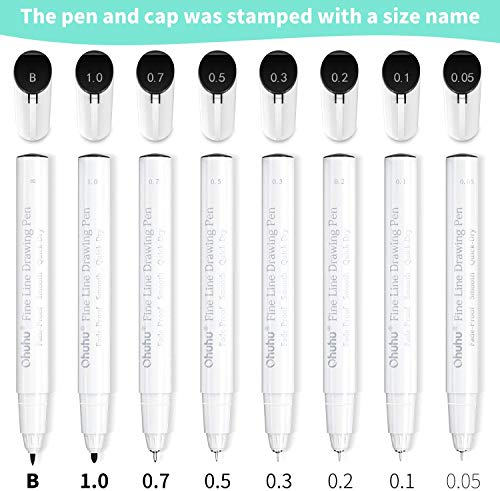 Ohuhu Fineliner Micro Drawing Pens: 8-size Tips (Ultra-fine, Fine & Brush) | Waterproof Pigment Black Ink for Illustration Drawing Journaling Sketching for Artist Beginners