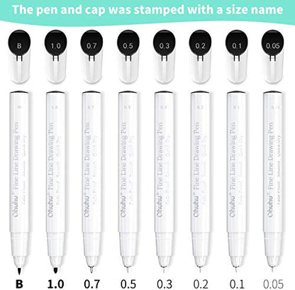 Ohuhu Fineliner Micro Drawing Pens: 8-size Tips (Ultra-fine, Fine & Brush) | Waterproof Pigment Black Ink for Illustration Drawing Journaling Sketching for Artist Beginners