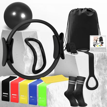 홈 필라테스 에센셜 키트, 여성용 필라테스 장비 세트, 22.9cm(9인치) 요가 볼, 피규어 8 저항 밴드, 필라테스 밴드 및 액세서리, 필라테스 링 및 볼 세트 초보자용 홈 운동 - color: 블랙.