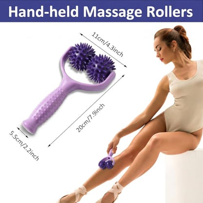 Handheld Spiky Massage Balls Rollers, 2 Wheel Spiky Massage Ball Rollers Silicone Manual Massage-Roller with Handle Pressure Point Muscle Massages Tool for Foot Arm Body Neck Leg Pain Pressure Relief - color: Purple