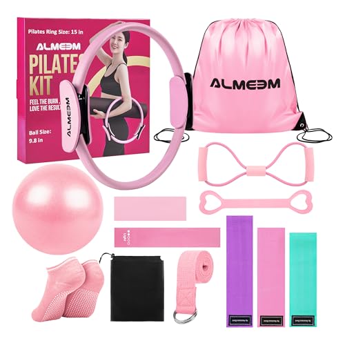 Pilates Ring Kit for Women and Men - 15 inch Magic Circle Exercise Ring and Ball Set for Home Workout Equipment - Dual Padded Handles Ring and Resistance Bands Set for All Fitness Lovers - color: PINK
