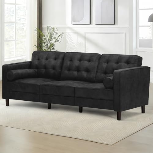 84 Inches Suede Leather Couch with Bolster Pillows, Black - color: Black, size: 84" Sofa