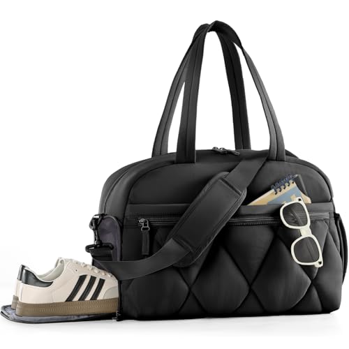 Women's Duffle Gym Bag, Carry-On Shoe Compartment for Weekender Overnight - color: Black, size: Large