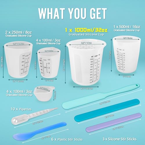 Silicone Resin Mixing 1L Measuring Cup Set for Resin Supplies, Easy-to-Read Marks, 1000ml/32oz Large Cup, 500&250&100ml Thickened Reusable Silicone Cups for Epoxy Mixing, Jewelry Making - size: 1000+500+2*250+4*100ml (Black Marks)