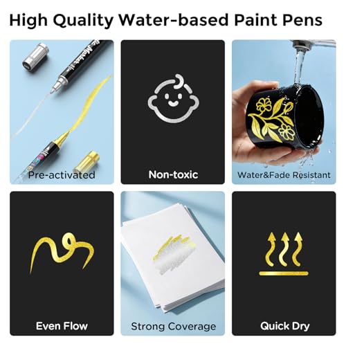 Betem 2 Gold & Silver Paint Markers for Glass, Dual Tip Acrylic Paint Pens | Window, Fabric, Wood, Rock, Canvas, Acrylic Markers with Fine & Brush Tip, Art & Craft Supplies, Wine Glass Markers