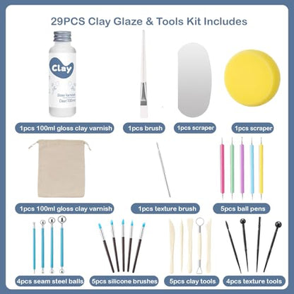 1DFAUL 29Pcs Sculpting Tools Kit with Air Dry Clay Glaze & Varnish (Gloss) | High Luster, Scratch Resistant, Waterproof, Pottery Tool kit for Sculpting, Modeling, Shaping