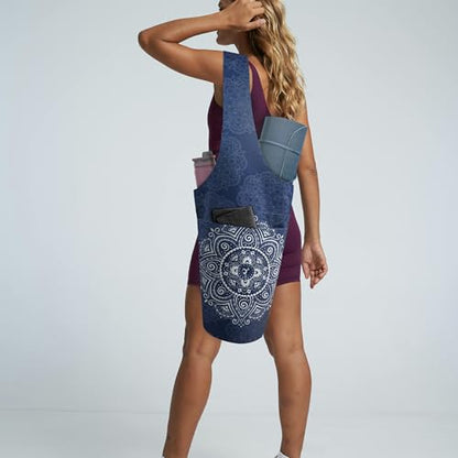 Yoga Mat Bag Yoga Tote Bag with Large Pocket and Zipper Pocket Yoga Mat Bag Carrier Fit Most Size Mats and All You Stuff - color: dark blue