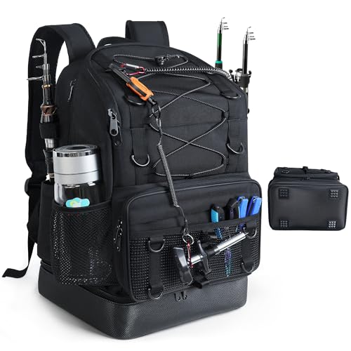 Fishing Backpack with Rod Holder, Heavy Duty Fishing Bag with Waterproof Bottom, Tackle Backpack Gifts for Man Woman-Black - color: Black