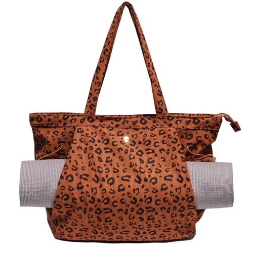 ESVAN Corduroy Yoga Tote Bag Gifts for Women Drawstring Yoga Mat Bag for Office Workout Travel Carryall Pilates Gym - color: Brown Leopard Print
