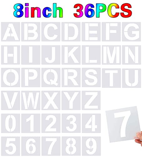 FEBSNOW 36 Pcs 8 Inches Large Alphabet Letter and Number Stencils | Reusable PET Plastic, Painting on Wood Wall Fabric Rock Chalkboard Glass, Creating Sign Craft Board, 36 Pcs 8x8 Inches - size: 8 Inches