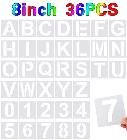 FEBSNOW 36 Pcs 8 Inches Large Alphabet Letter and Number Stencils | Reusable PET Plastic, Painting on Wood Wall Fabric Rock Chalkboard Glass, Creating Sign Craft Board, 36 Pcs 8x8 Inches - size: 8 Inches