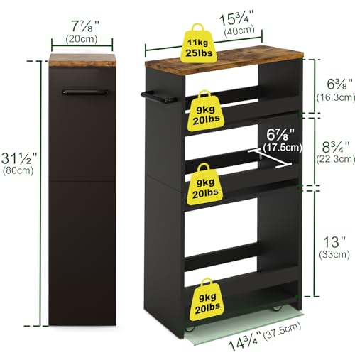 TEAMIX Slim Rolling Storage Cart, Wood 4-Tier Narrow Kitchen/Laundry Cart - color: Black+brown, size: 7-7/8'' W