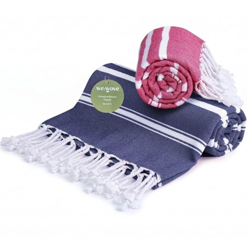 WeWove Turkish Peshtemal Beach Towels Large 39x70 Inch Set of 2-100% Cotton Soft Quick-Drying Absorbent Washable - Versatile for Beach Bath Pool Spa Picnic Travel - Turkish Towels Blue Pink - color: Blue Pink