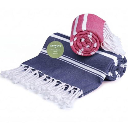 WeWove Turkish Peshtemal Beach Towels Large 39x70 Inch Set of 2-100% Cotton Soft Quick-Drying Absorbent Washable - Versatile for Beach Bath Pool Spa Picnic Travel - Turkish Towels Blue Pink - color: Blue Pink