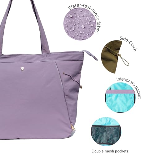 ESVAN Yoga Tote Bag for Women Shoulder Bags Drawstring for Office Workout Travel Carryall Pilates Gym and Beach - color: Nylon Lavender Purple