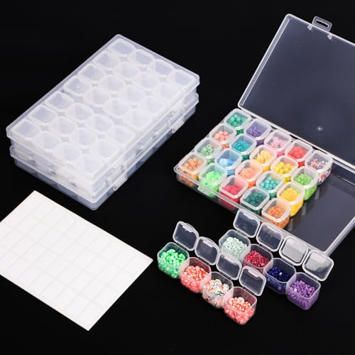 SGHUO Diamond Painting Storage Boxes 3 Pack 28 Grid Plastic Bead Organizer | Clear Plastic, Divided Compartments, for Diamond Art Beads Jewelry and Craft Supplies, Portable Project Storage - size: 3pcs